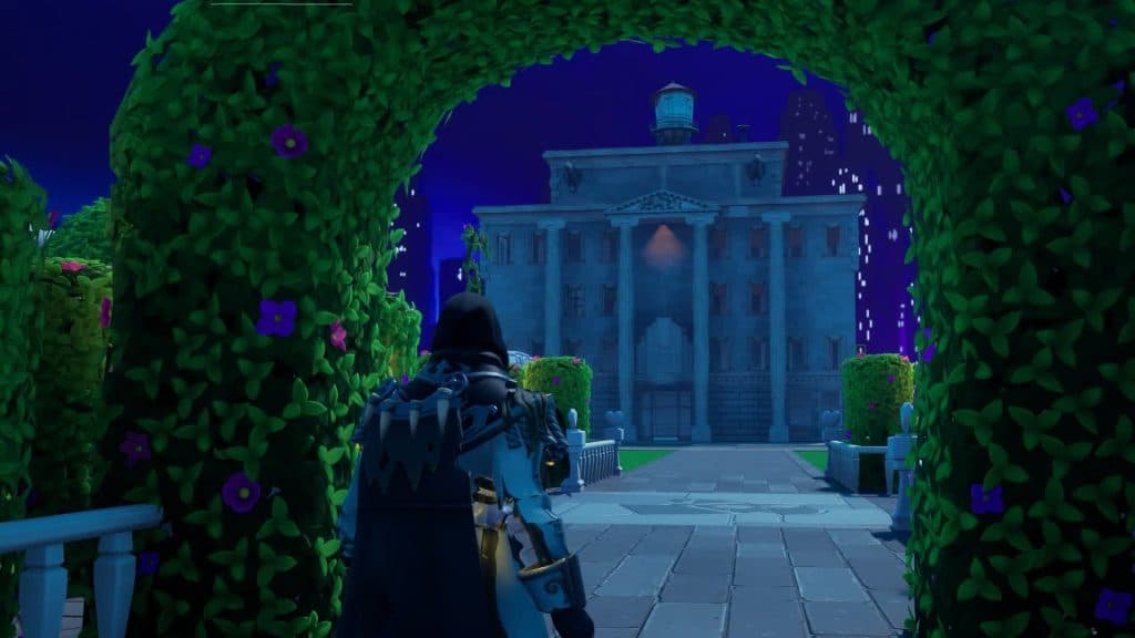 A character looking at a bank in Fortnite Rob the Bank map.