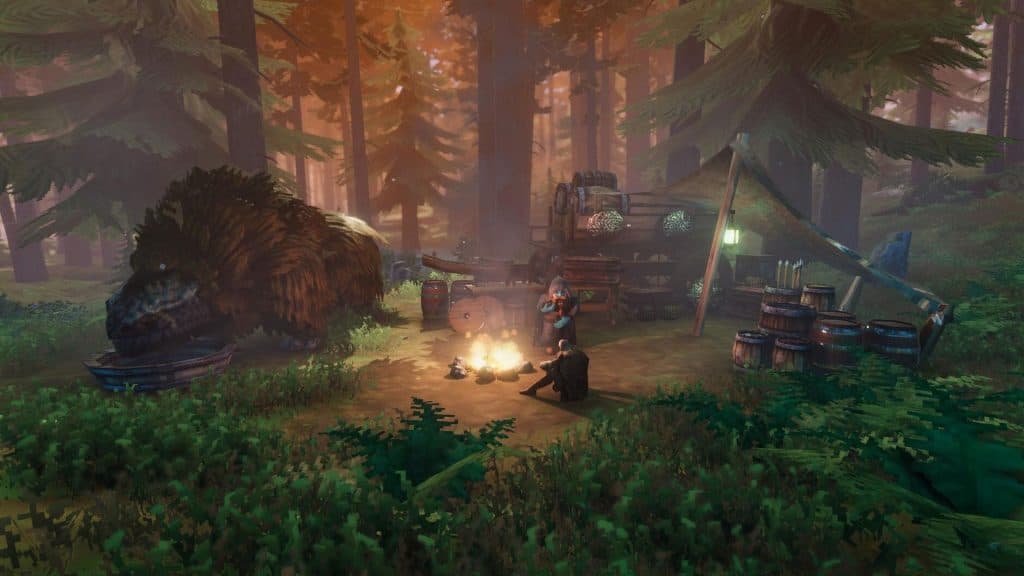 Screengrab of Valheim gameplay showing characters sitting around a bonfire.