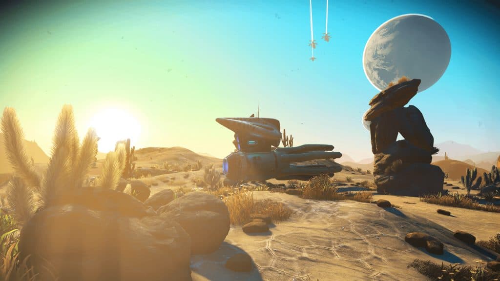 A spaceship in a desert in No Man's Sky.