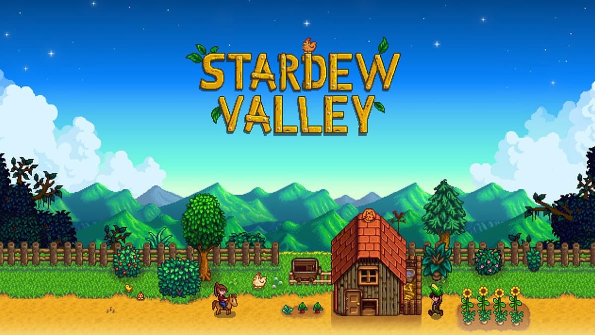 Stardew Valley thumbnail featuring a barn with characters, animals and plants beside it and the game's logo at the top.