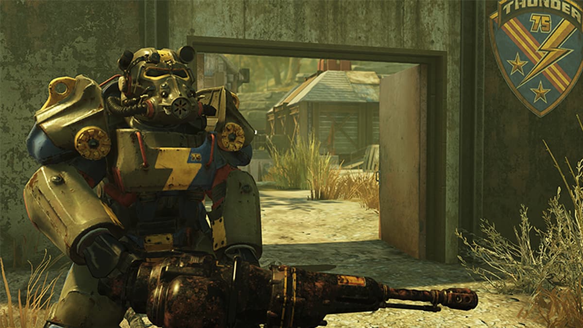 Fallout 76 character holding a gun.
