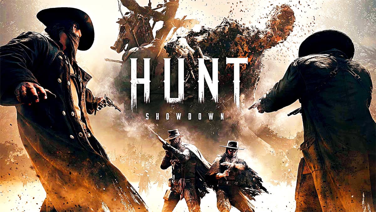 Hunt Showdown thumbnail featuring 4 characters fighting each other with the game's logo and a monster in the background.