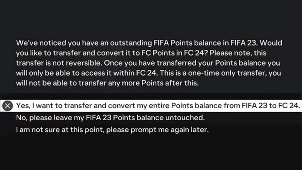 Transfer Points pop-up in EA FC 24