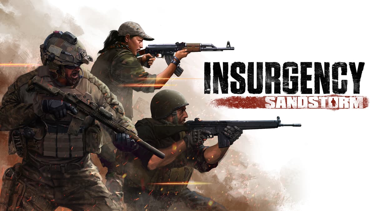 3 Insurgency Sandstorm soldiers with gun and the game's logo.