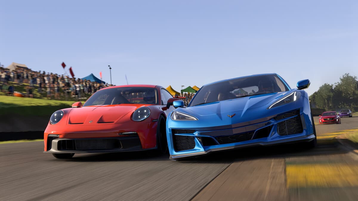 Blue and red cars touch and go while racing in Forza Motorsport