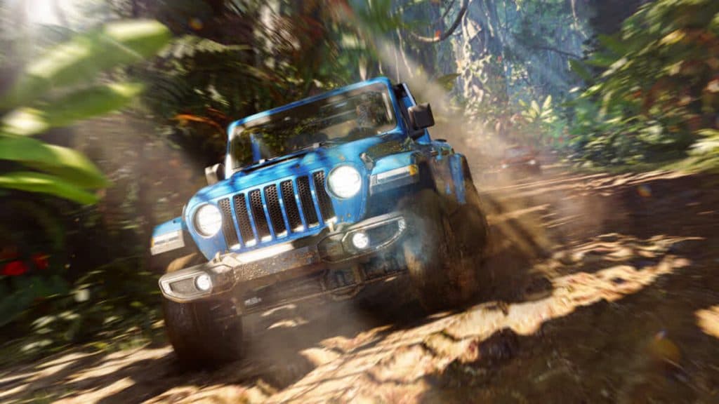 a jeep racing through lush jungle