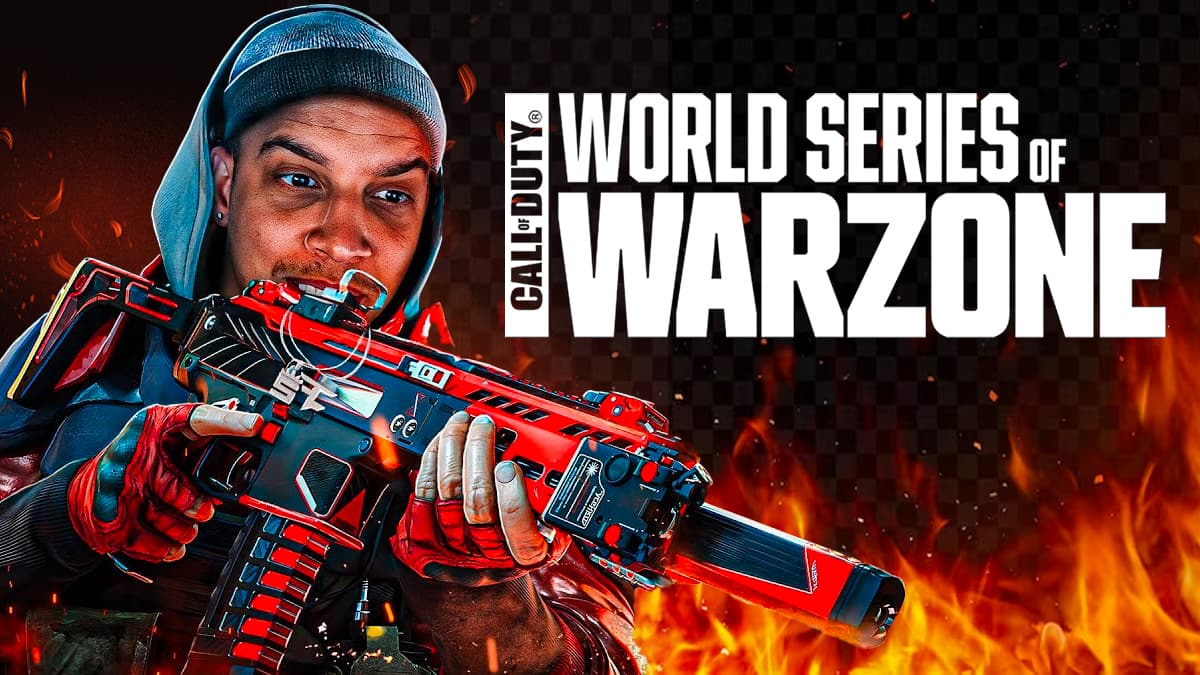 Faze Swagg eqiupping a Warzone 2 weapon with the World Series of Warzone logo