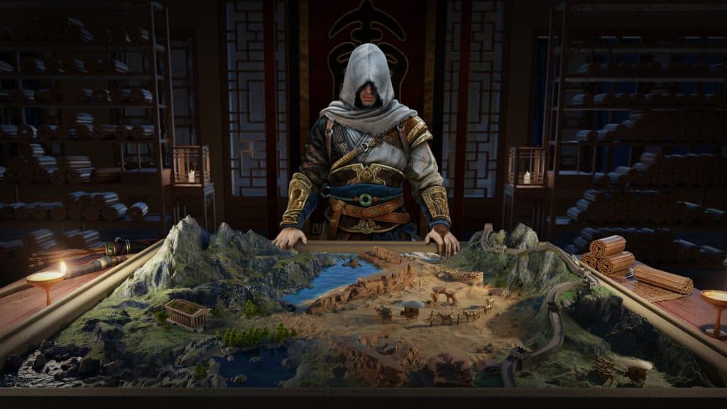 main charcter looks into a table that has china map in Assassin's Creed Codename Jade
