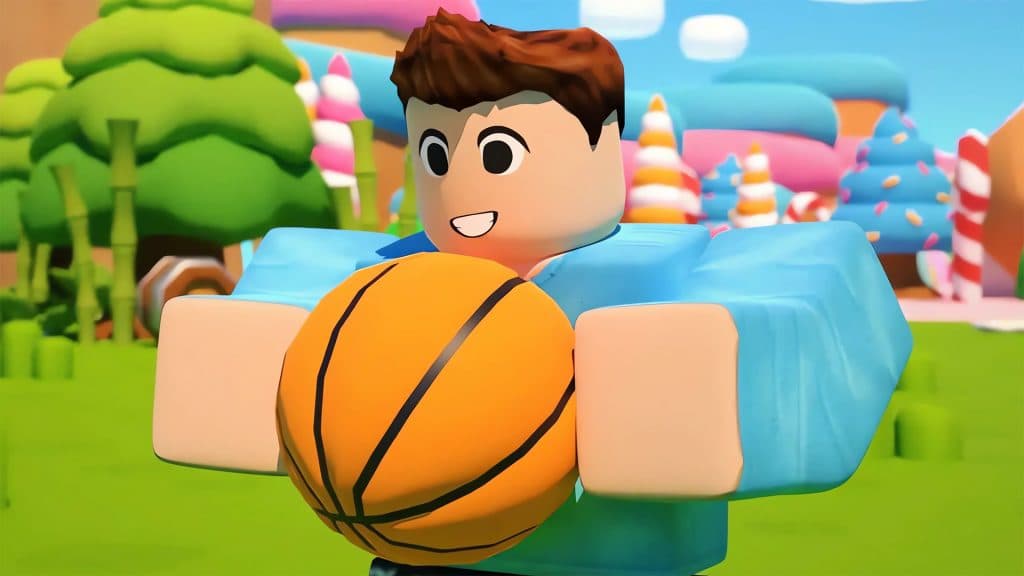 A player holding a basket ball in Roblox Hoop Simulator.