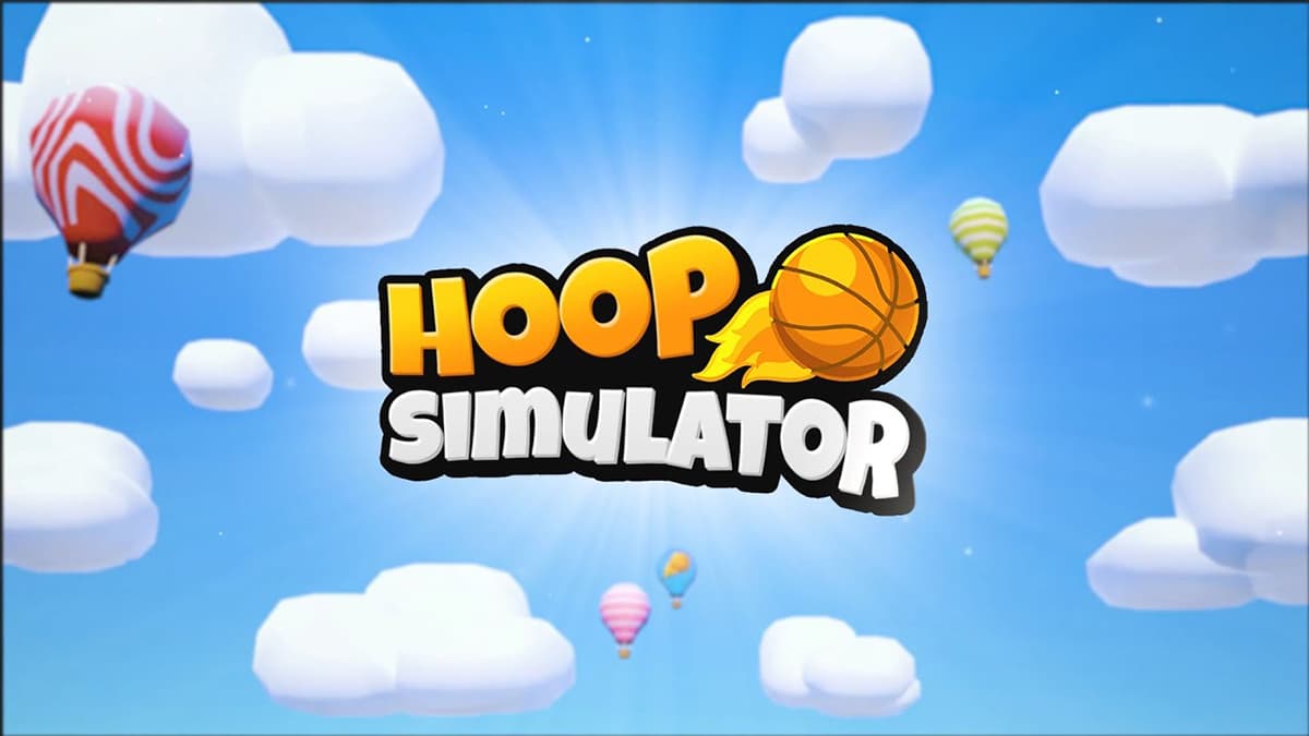 Roblox Hoop Simulator logo on a background featuring clouds and a hot air baloon.