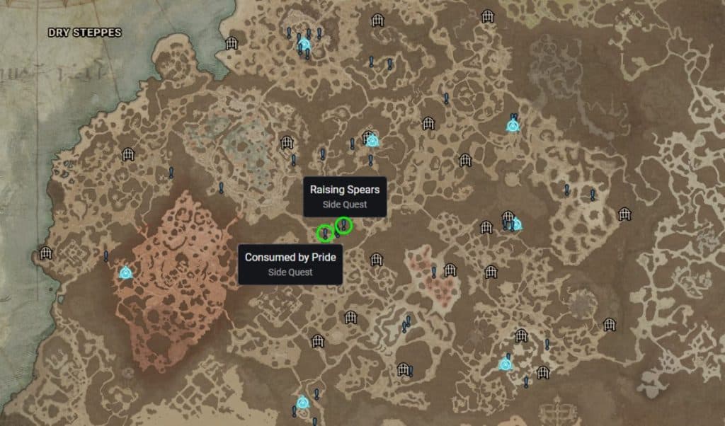 Diablo 4's map with Consumed by Pride and Raising Spears side quests