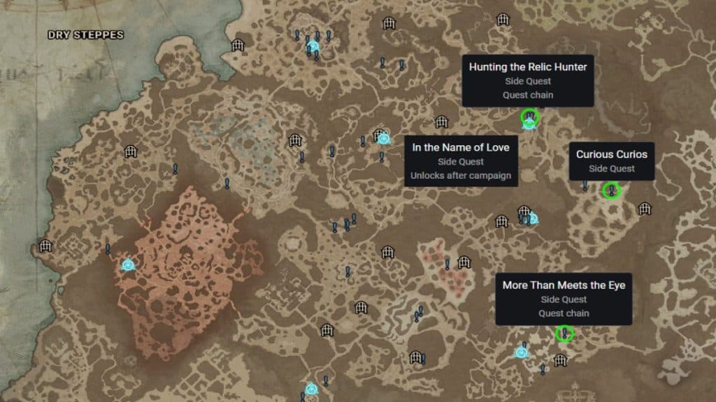 Diablo 4 map with Curious Curios, Hunting the Relic Hunter, More Than Meets the Eye, and In the Name of Love side quests marked