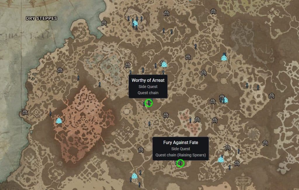 Diablo 4's map marked with Worthy of Arreat and Fury Against Fate side quests