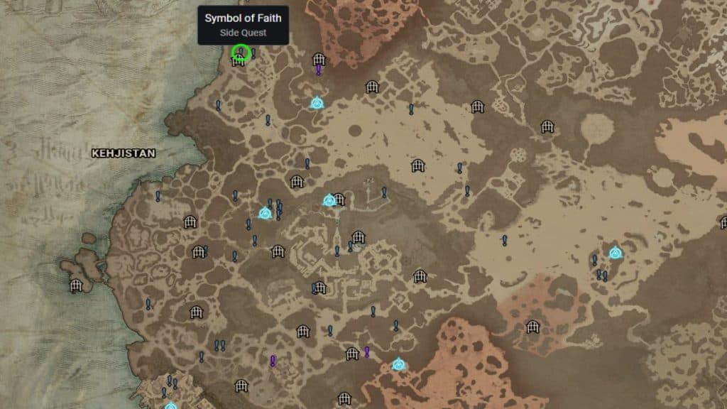 Diablo 4's map with Symbol of Faith side quest marked