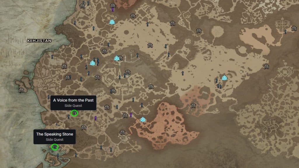 Diablo 4's map with The Speaking Stone and A Voice from the Past side quests marked