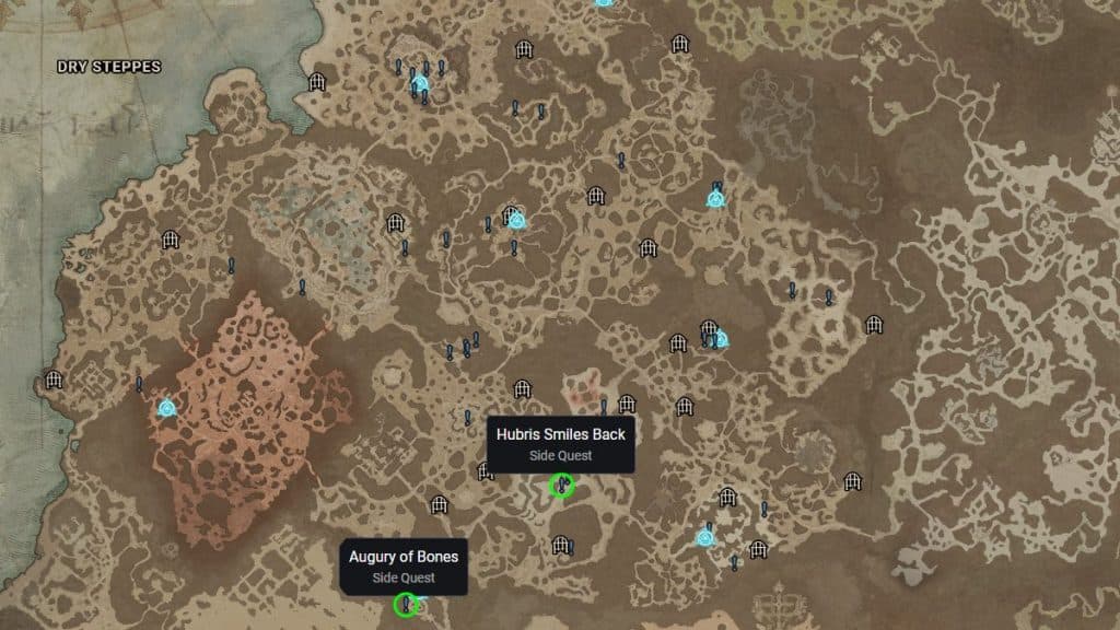 Diablo 4's map with Augury of Bones and Hubris smiles Back side quests marked