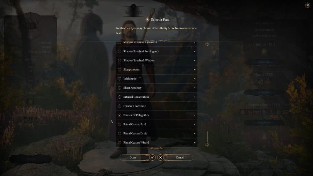 Screengrab of the feat selection menu in Bladur's Gate 3.
