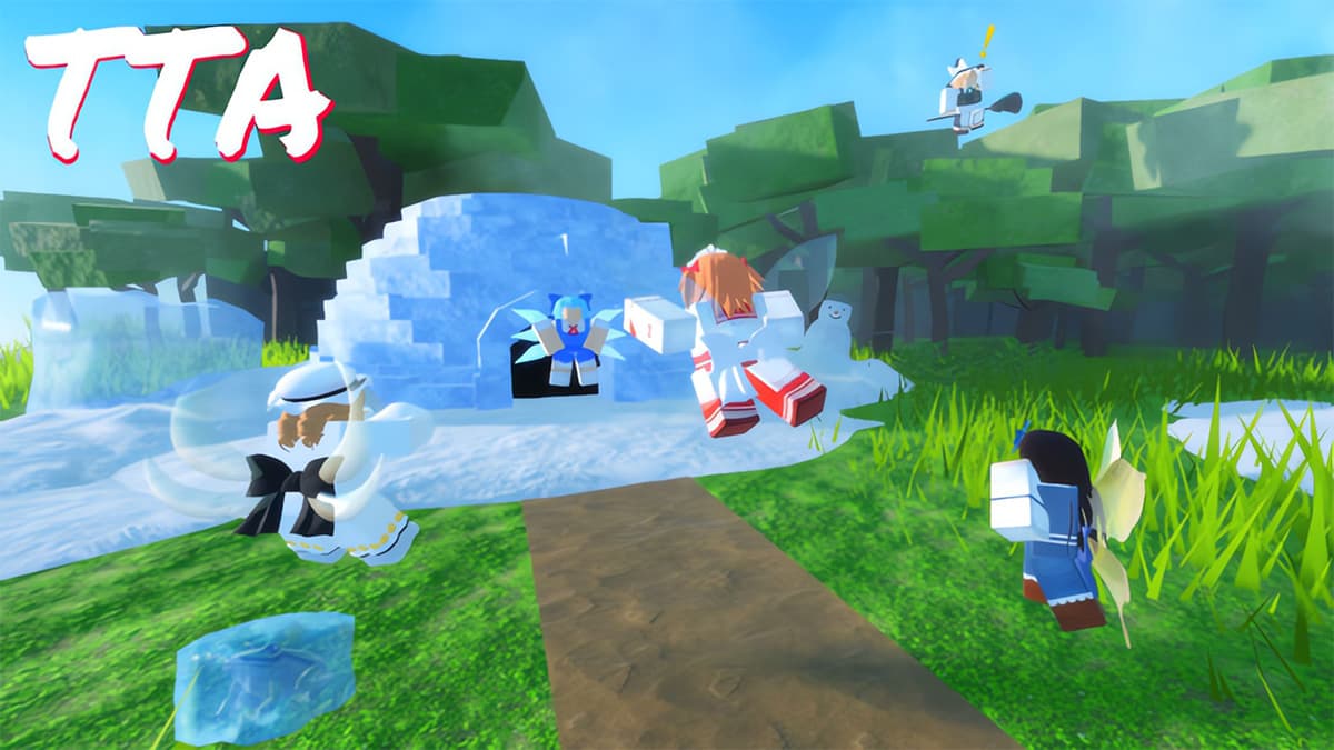 Five characters fighting each other in Roblox Touhou Tower Assault.