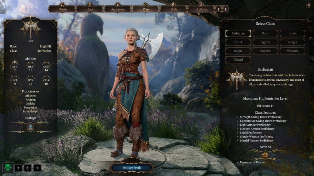 Female Barbarian character creation menu in Baldur's Gate 3.