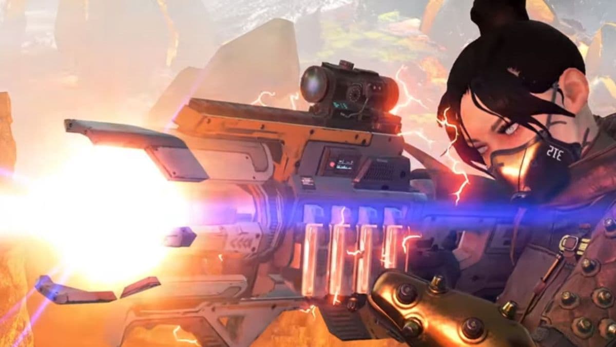 wraith holding and shooting a charge rifle in apex legends