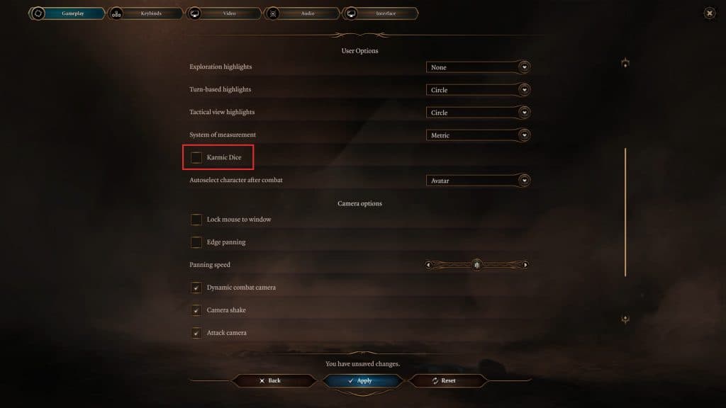 Karmic Dice toggle in Baldur's Gate 3 settings menu.
