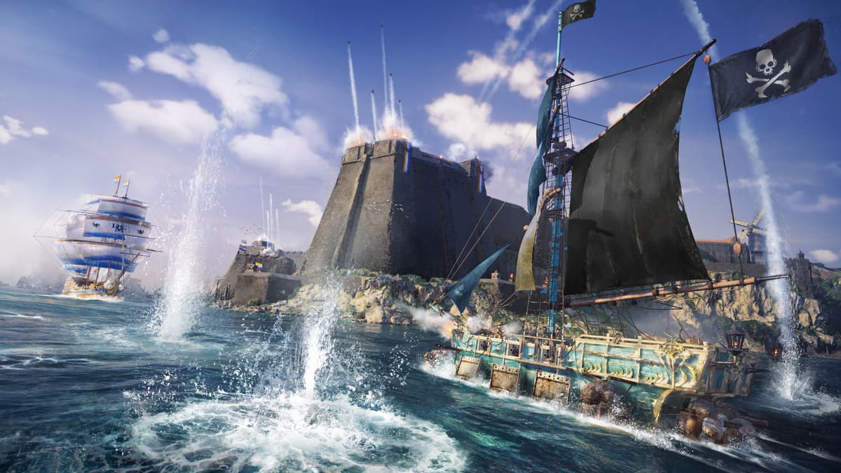 Two ships tearing each other in a battle in Skull and Bones