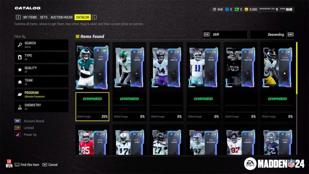 New Item Catalog feature in Madden 24