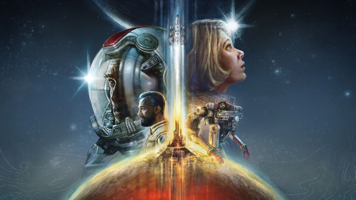 Starfield poster with multiple characters' side shots with aircraft between them and the planet below