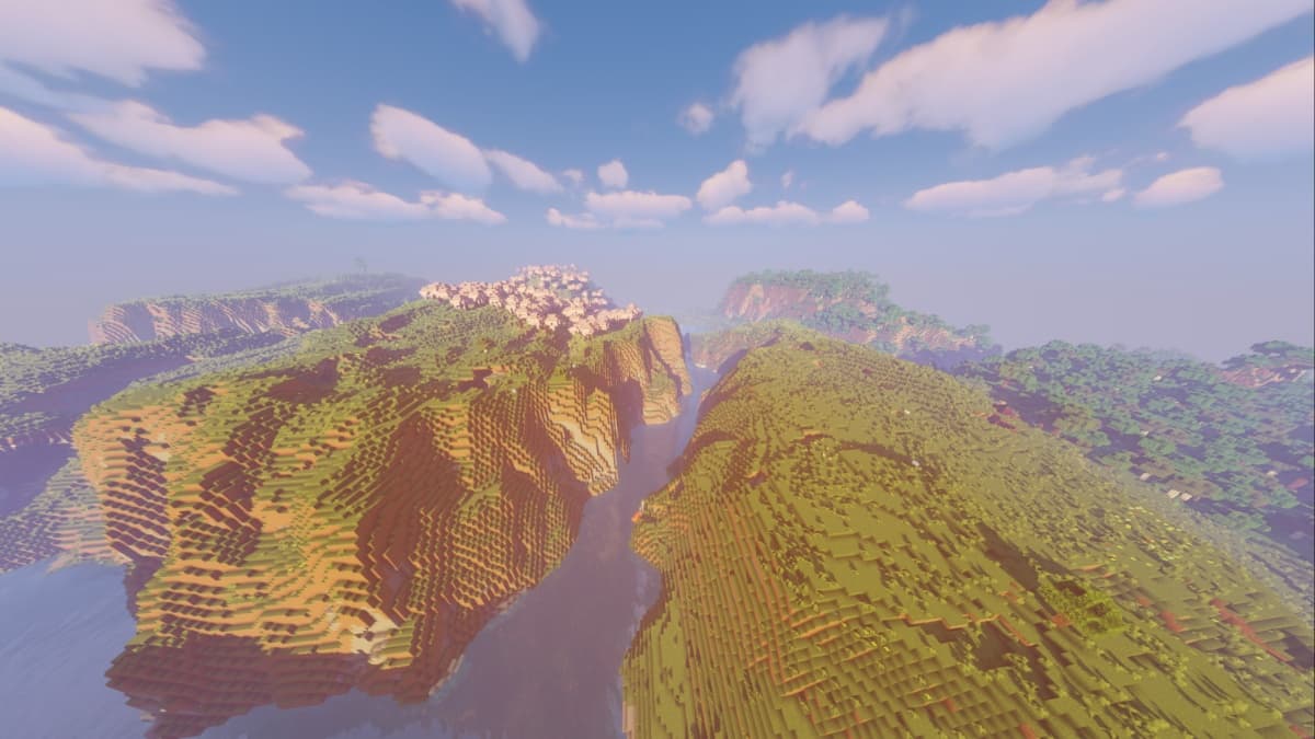 Hills and a cherry grove in Minecraft.