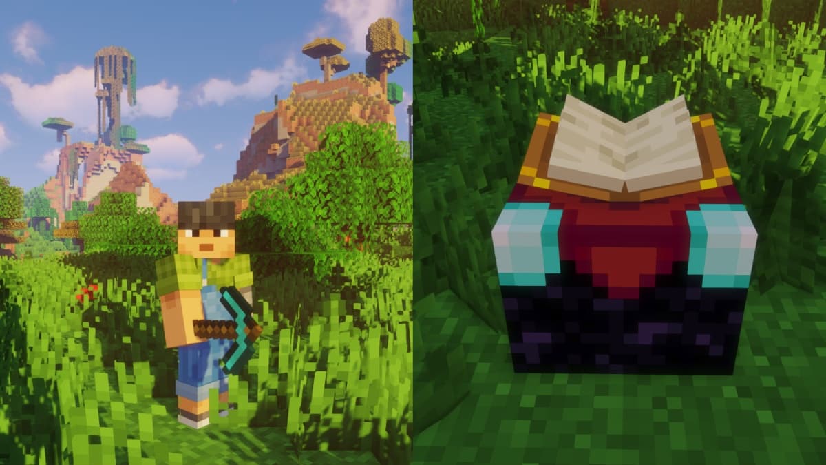 Player with a pickaxe and an enchantment table in Minecraft.