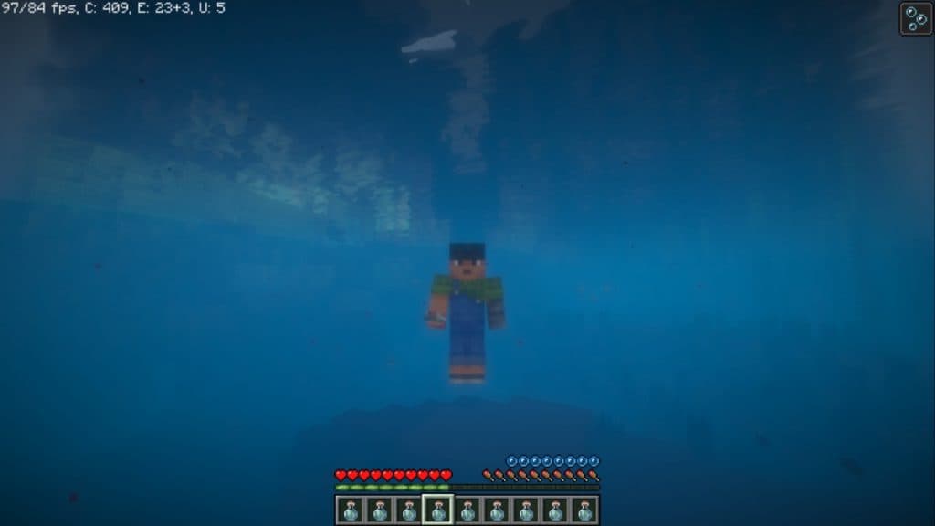 A player swimming after consuming a water breathing potion.