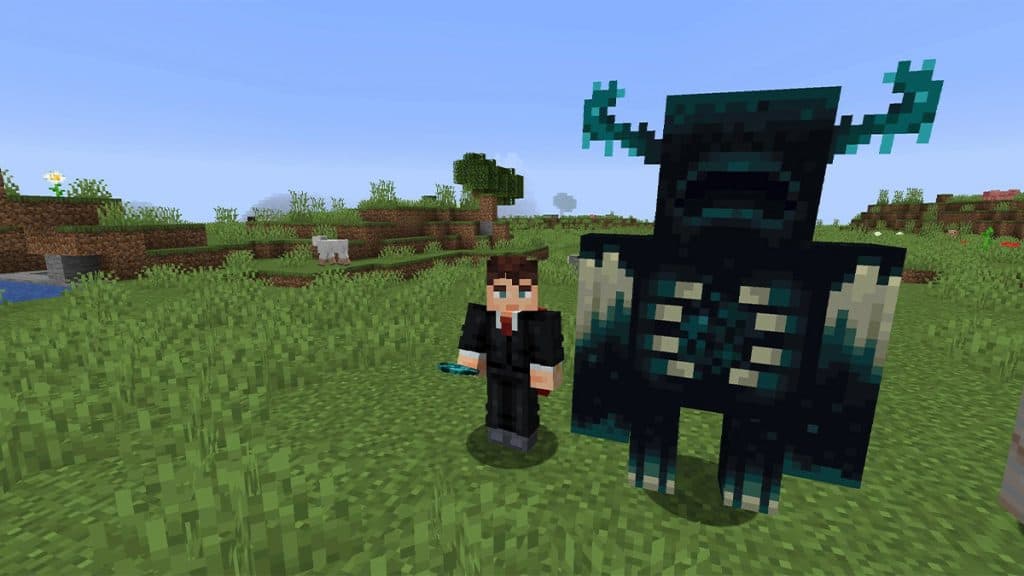 Warden and player in Minecraft