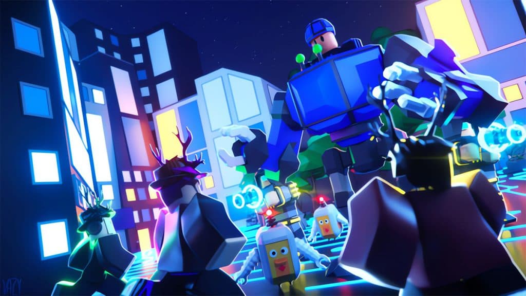 Various characters fighting a giant robot in Roblox Blox Royale.