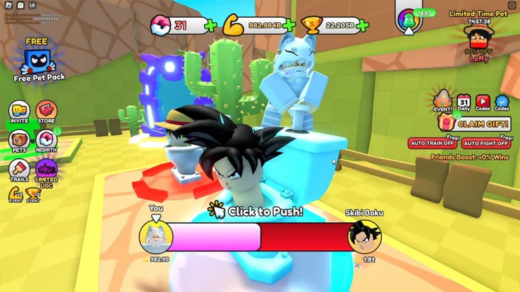 Screengrab of a player fighting Boku in Roblox Skibi Battle Simulator.
