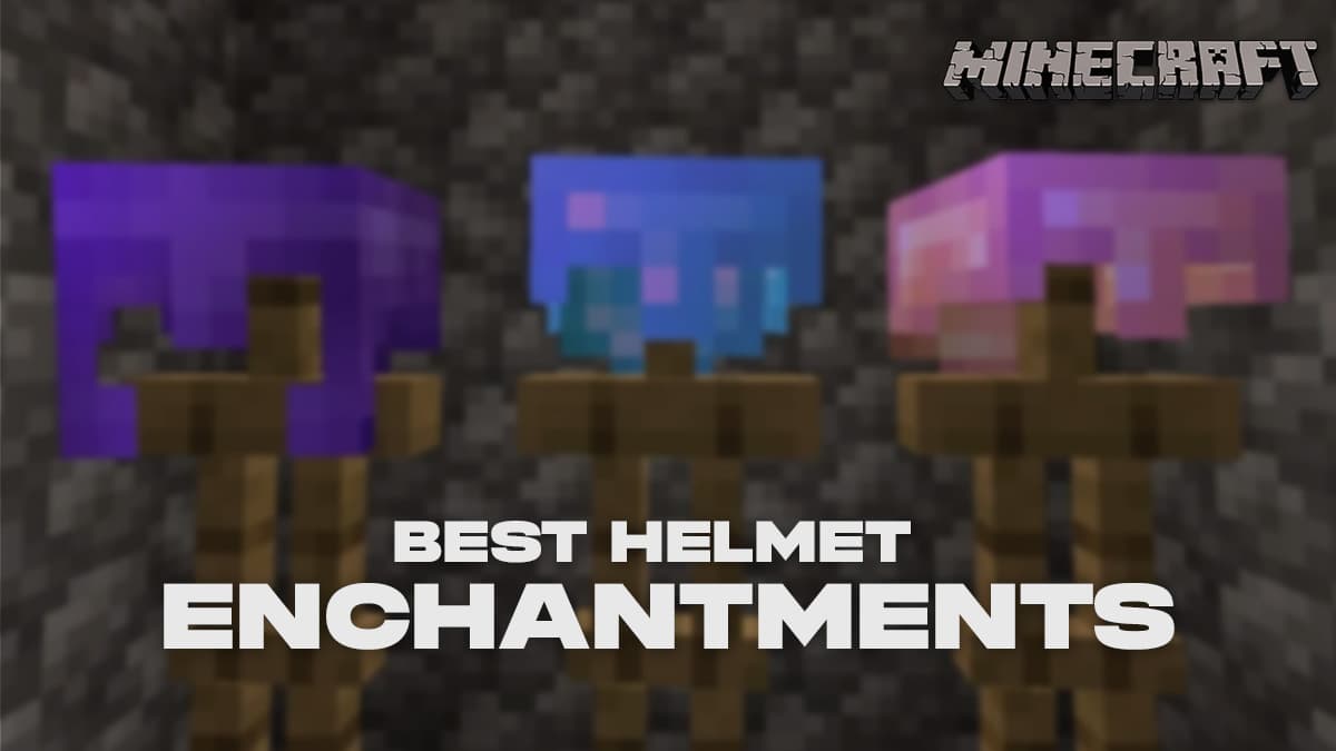 Netherite, diamond, and gold enchanted helmets on armor stands in Minecraft.