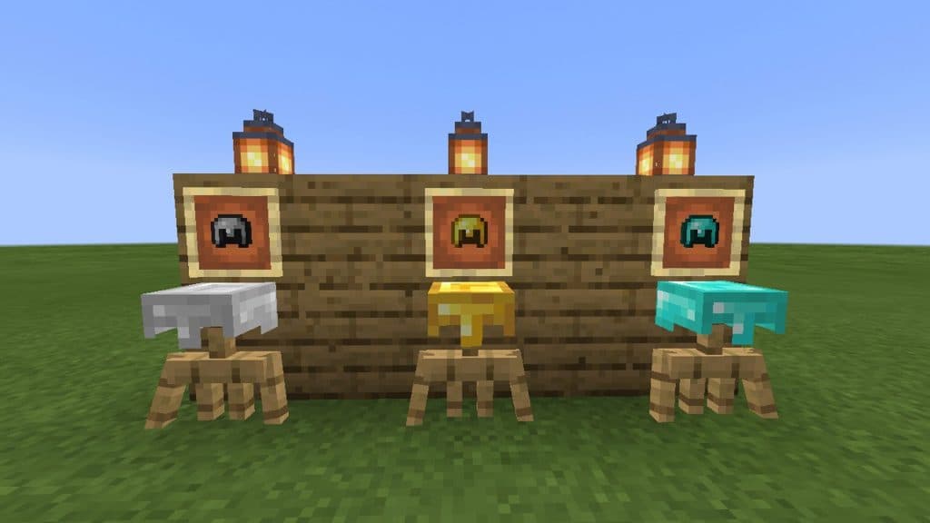 Iron, gold, and diamond helmets in Minecraft on armor stands and in frames,