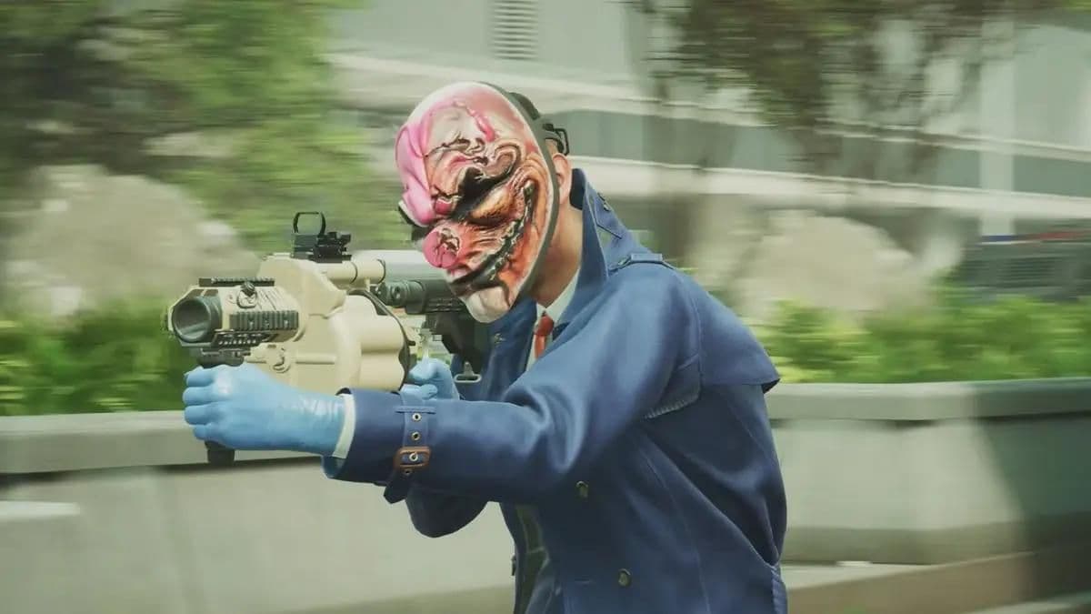 Payday 3 character in mask with grenade launcher.