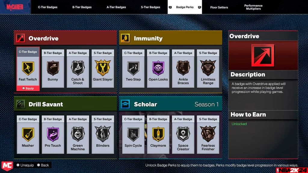 Badge Perks page in NBA 2K24 MyPLAYER mode