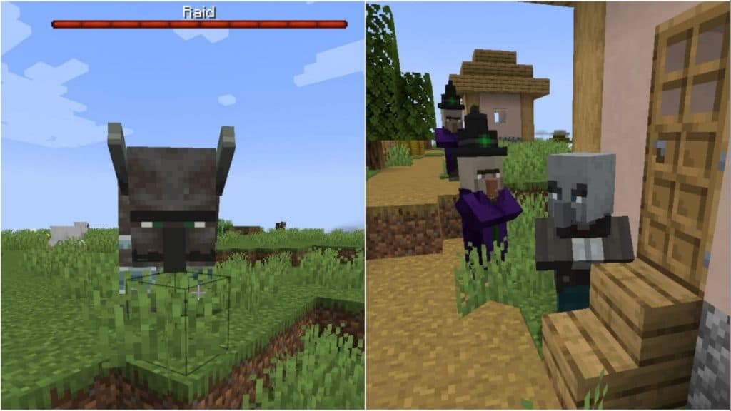 A Ravager, Witch, and Illager in a Minecraft raid.