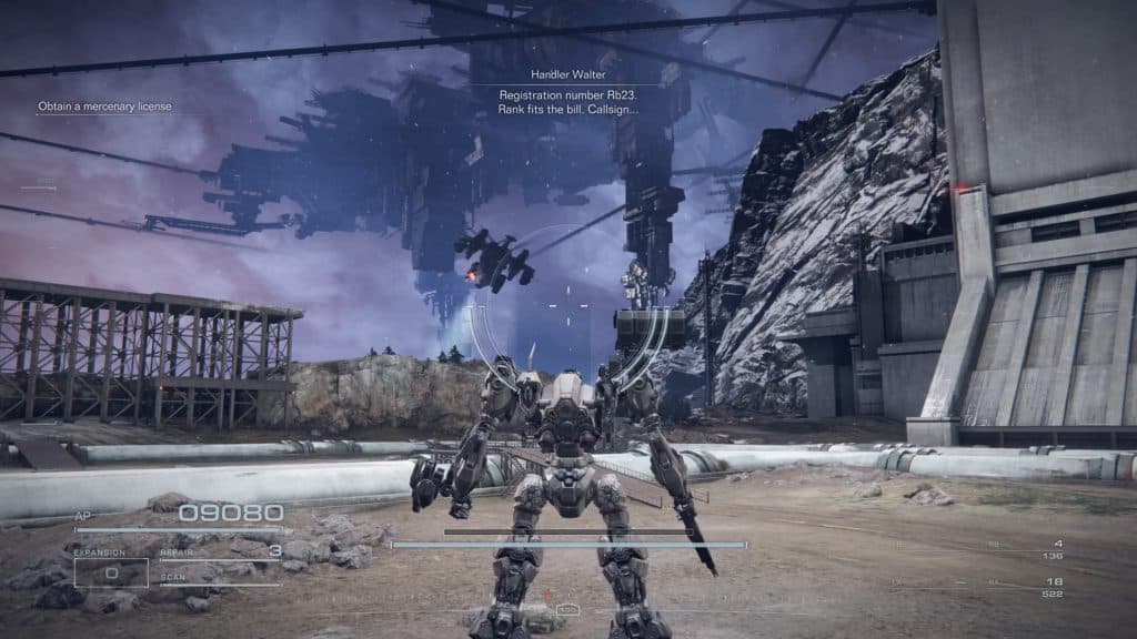AC staring menacingly at the upcoming boss in Armored Core 6