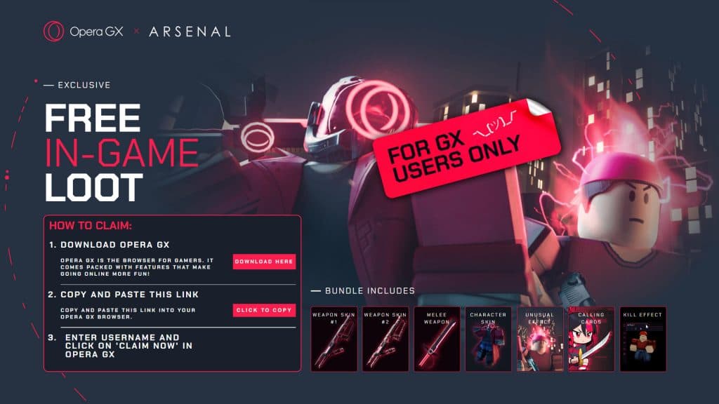 Opera GX Arsenal website featuring how to redeem the rewards.