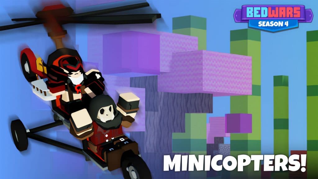 Two characters riding a Minicopter in Roblox Bedwars