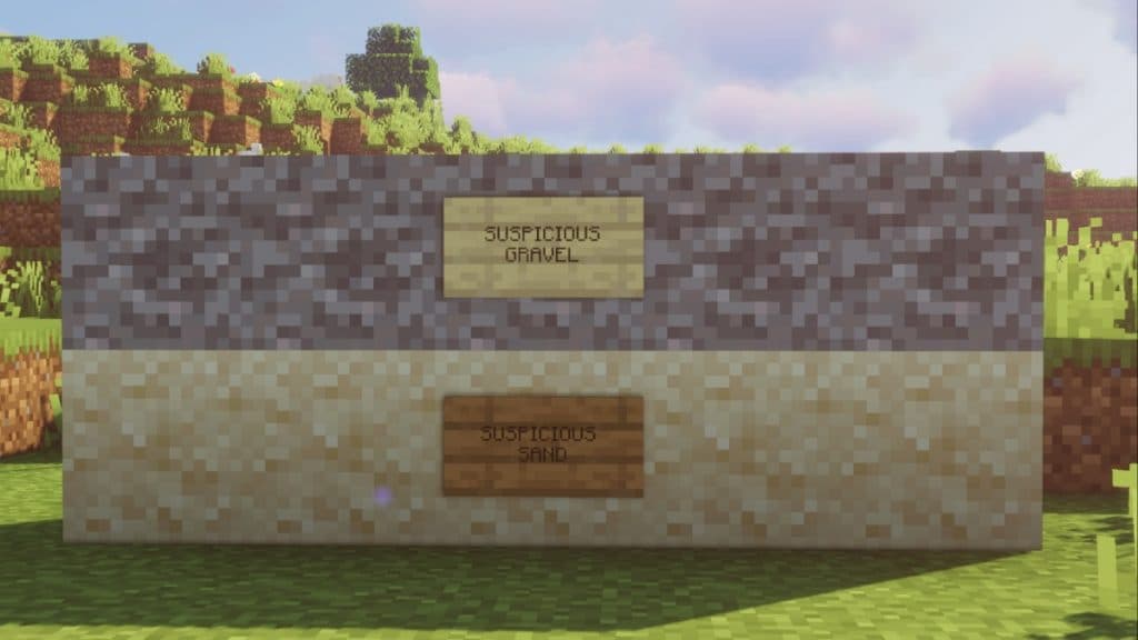 Suspicious sand and gravel with signs identifying them in Minecraft.