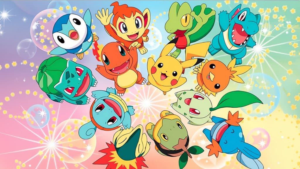 Various starter Pokemons standing in a circle looking up.