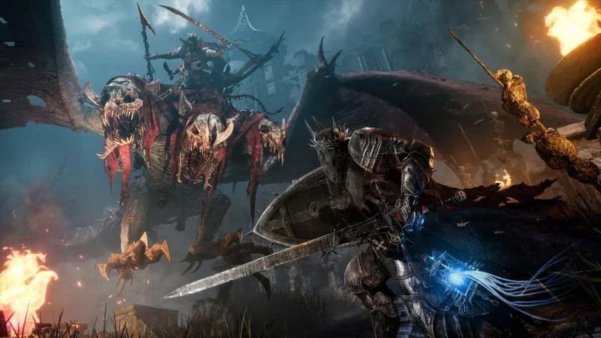 lords of the fallen character wielding a sword and shield against enemy