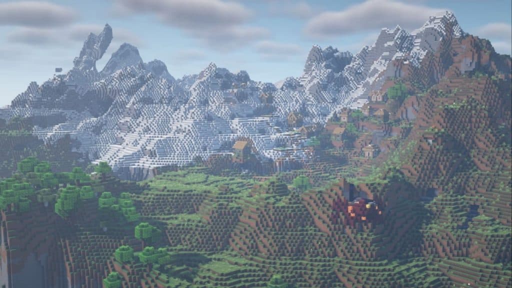 A village in the mountains in Minecraft.