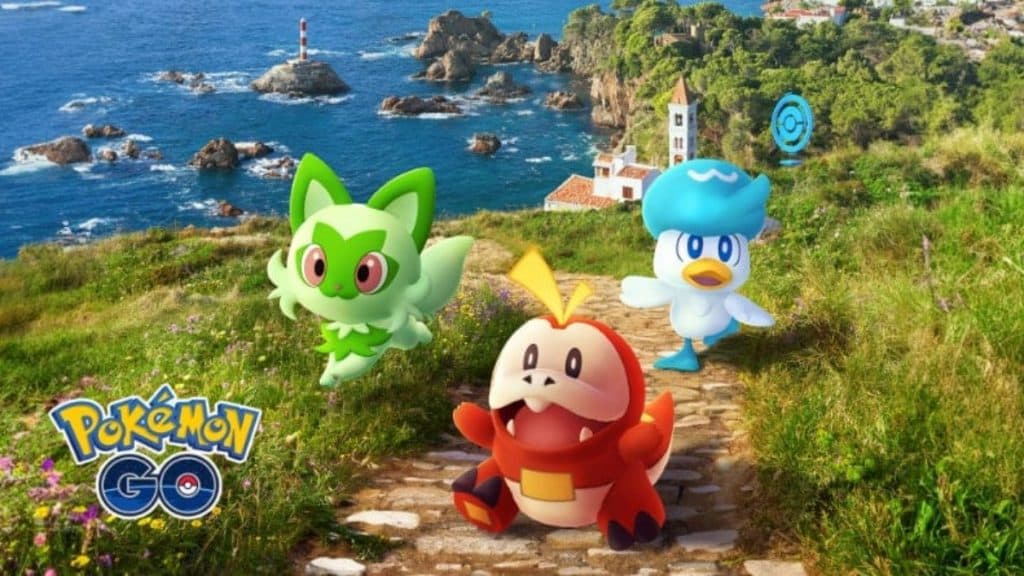 pokemon go sprigatito, fuecoco, and quaxly image from te adventures abound season promo image