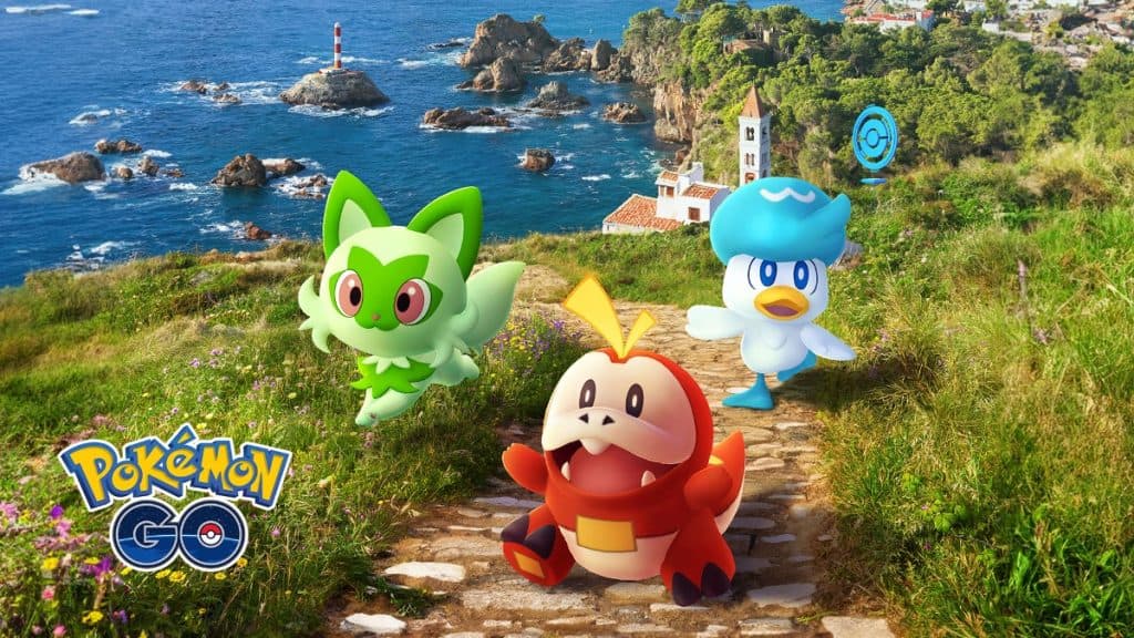 pokemon go a paldean adventure event promo image with sprigatito, fuecoco, and quaxly
