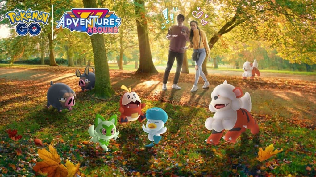 pokemon go sprigatito, fuecoco, and quaxly in adventures abound season promo image