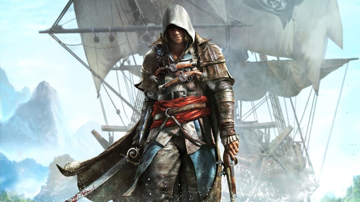 Edward posting with his pistol with his ship behind in Assassin's Creed Black Flag